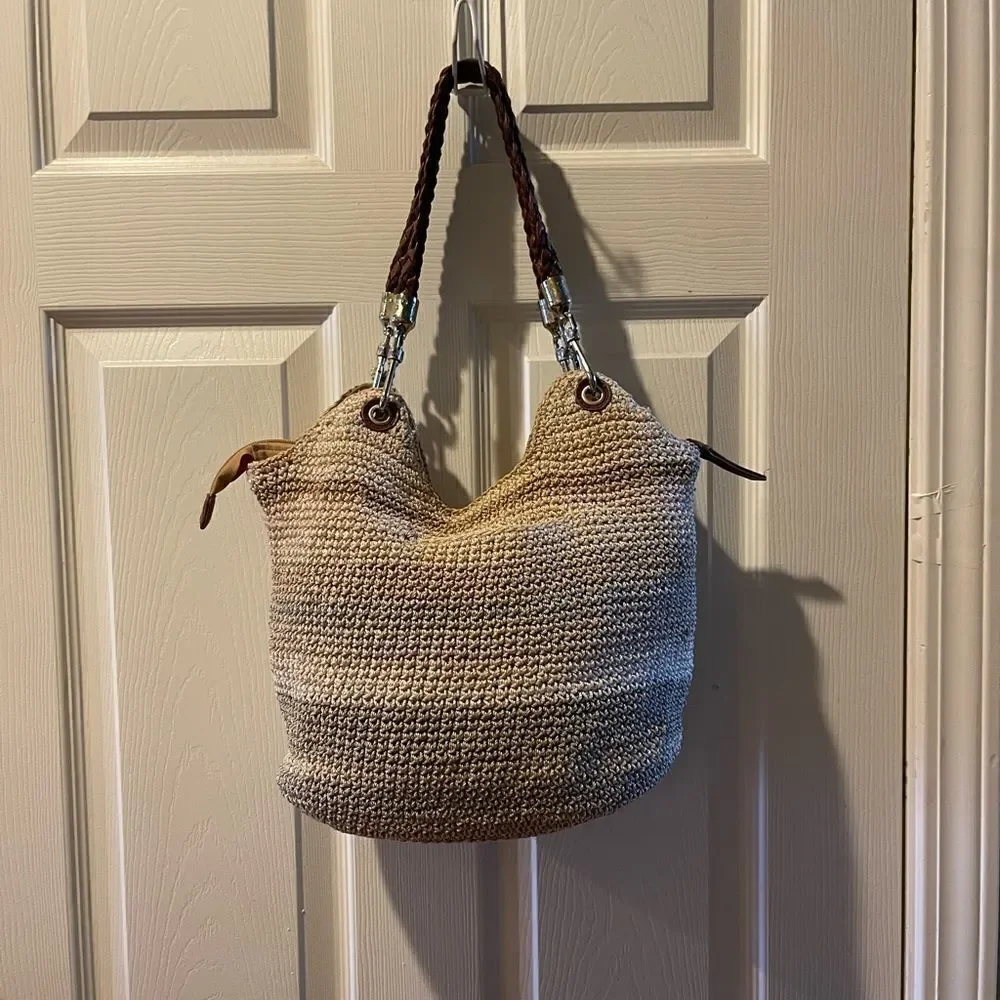 The SAK Crochet Sand,gray &khaki bucket style shoulder bag braided brown straps